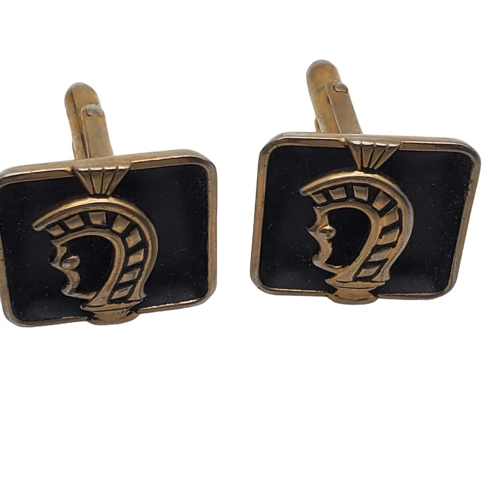 Swank Knight Black Enamel Cufflinks Square Gold Tone Soldier Warrior Vintage